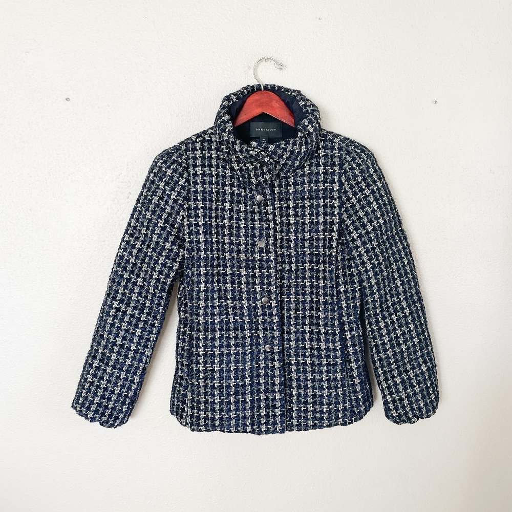 nwt | Ann Taylor Blue & Black Tweed Puffer Jacket